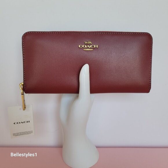COACH Slim Accordion Smooth Calf Leather Zip-Around Wallet- Cherry color ⭐ - Picture 5 of 16